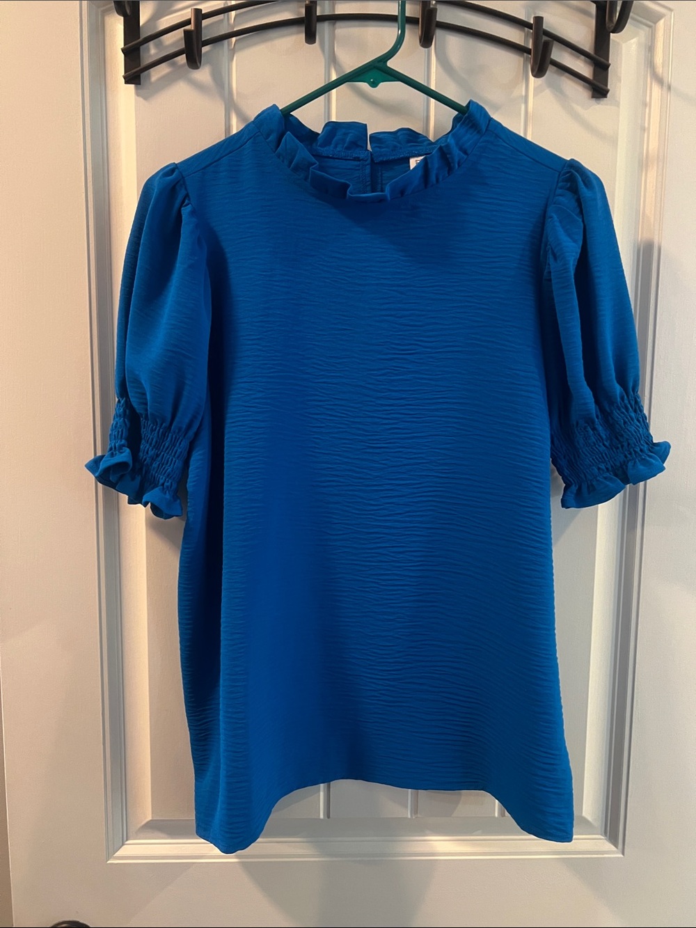 Women's Ruffle Neck Short Sleeve Blouse - Blue